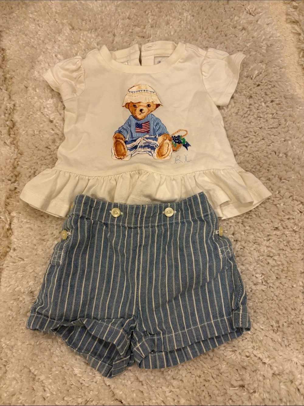 Ralph Lauren Cream Bear Ruffle Top with Blue Striped Shorts - Baby